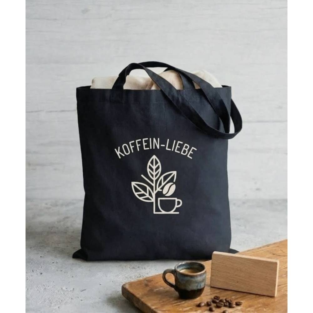 Baumwolltasche Koffein Liebe | Jutebeutel Kaffee Spruch | Handgemachte Einkaufstasche nachhaltig | Geschenk für Barista Bild 1