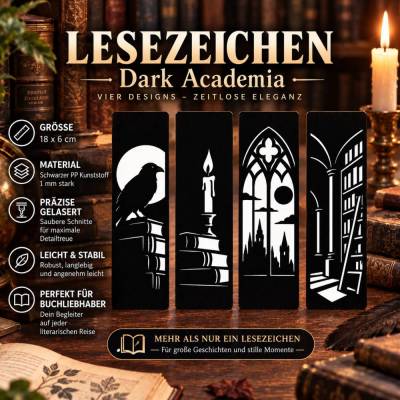 Dark Academia Lesezeichen | Gothic Rabe, Bücher, Kerze & Bibliothek | 18x6 cm | Geschenk für Buchliebhaber