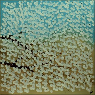Blüten Gemälde in Weiß & Türkis – modernes Blumenbild | 60 x 60 cm