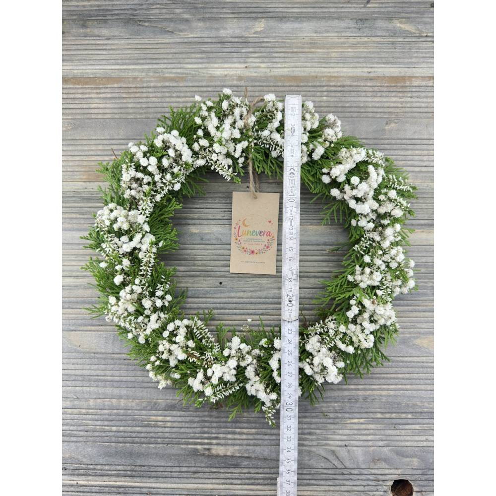 Herbstkranz weiß frisch- Handgebundener Türkranz Heidekraut & thuja- Grabschmuck Advent Deko 35 cm