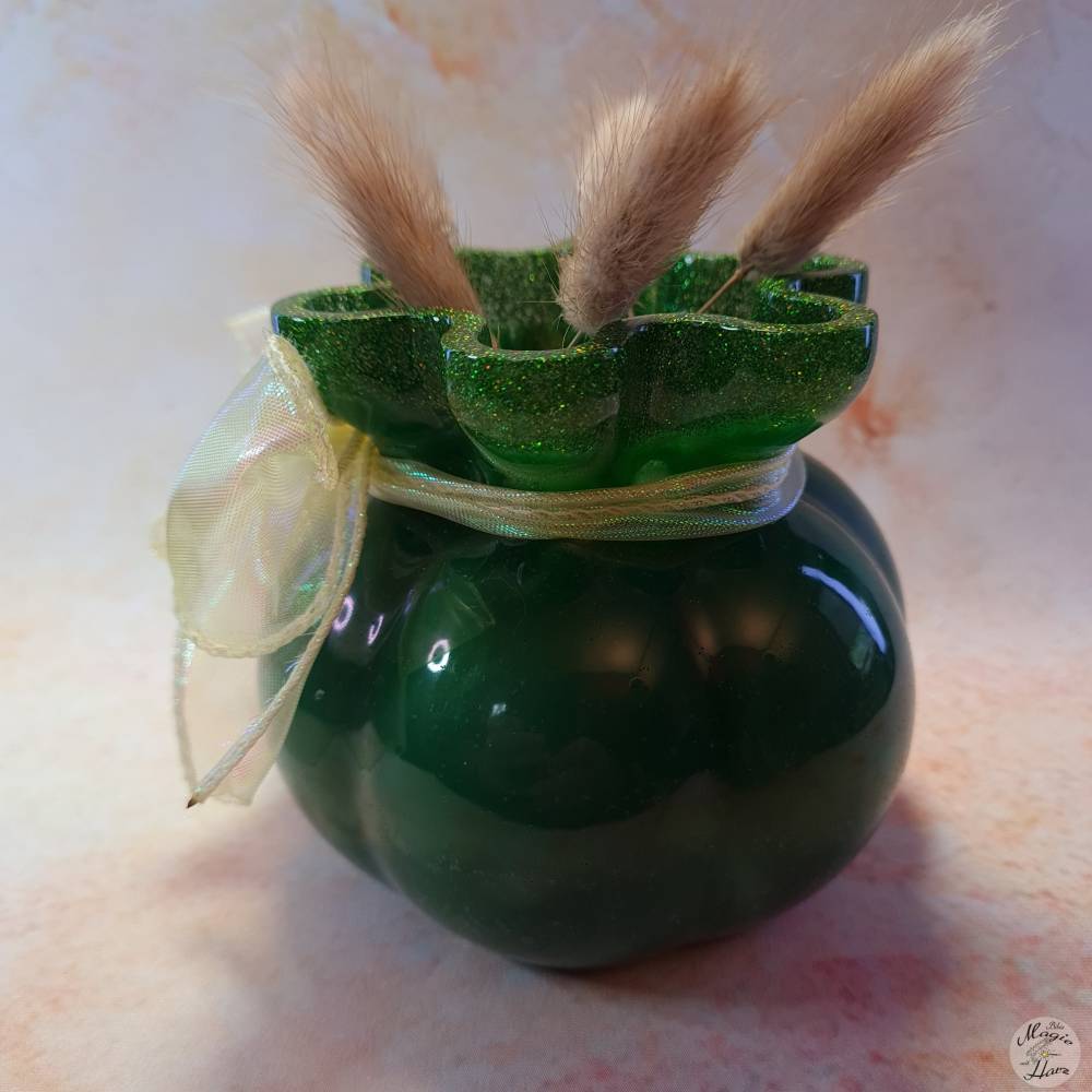 Epoxidharz Vase/Geldbeutel-Gefäß in Smaragdgrün mit Glitzer & Schleife