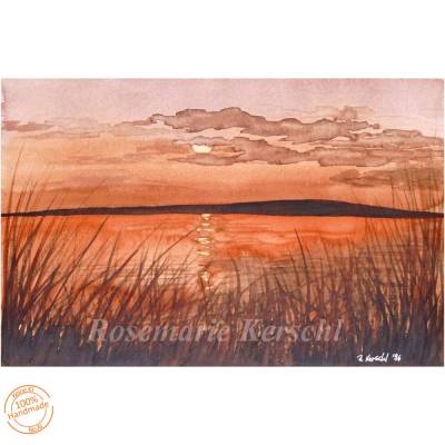 Handgemaltes Aquarellbild Sonnenuntergang am See Unikat 24 x 36 cm Querformat