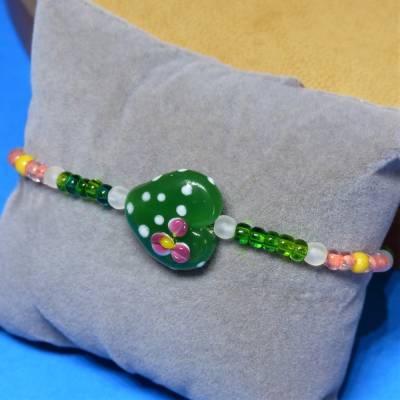 Glasperlenarmband, Herz, grün weiß beere, Freundschaftsband, Millefioriperlen, Glasperlen, Armschmuck