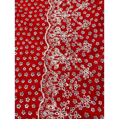 Stoff-Coupon (asymmetrischer Zuschnitt, max. 2,70 x 1,15 m) rot-weiß, Blümchen, Spitzen-Borte, 100% Polyester