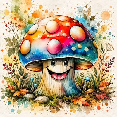 Stoffpanel mit buntem Pilz und Herbstlaub – Baumwollstoff ca. 32 × 32 cm