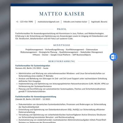 Lebenslauf Vorlage Fachinformatiker Systemintegration – Word | Tabellarischer IT, Systemadministration & Netzwerke
