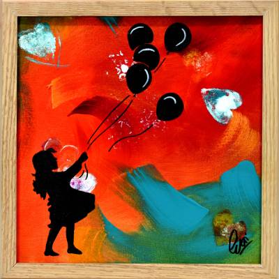 Mädchen mit Luftballons – Farbiges Acrylgemälde gerahmt 32,5 x 32,5 cm