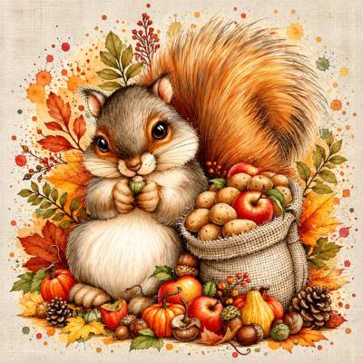 Stoffpanel mit Eichhörnchen und Herbstmotiven – Baumwollstoff ca. 32 × 32 cm