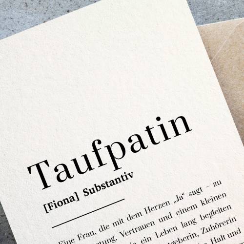 Taufpatin Definition Karte personalisiert auf Baumwollpapier, Geschenk Patentante Taufe, Patentante fragen, Taufkarte