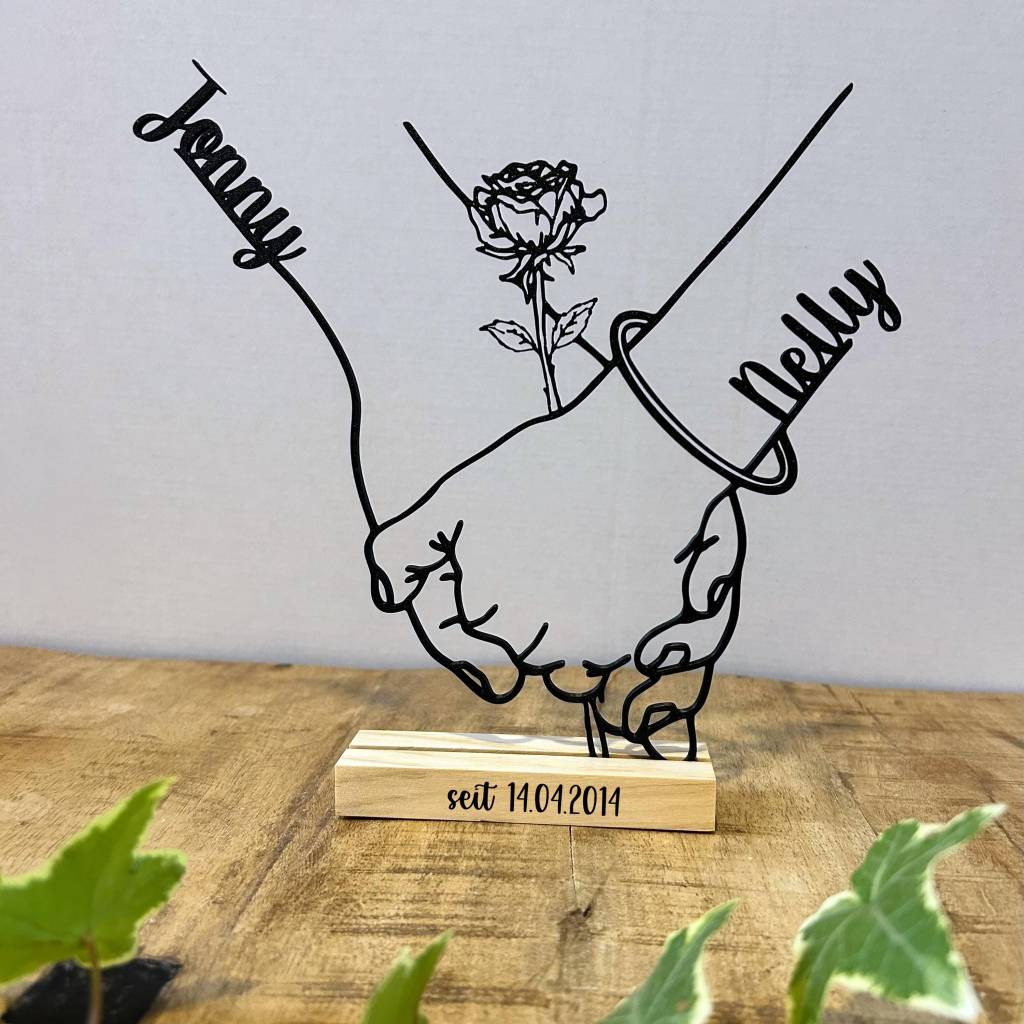 Personalisierter Aufsteller Hände & Rose | Line Art 3D-Druck mit Namen | Geschenk Hochzeit & Jahrestag Bild 1