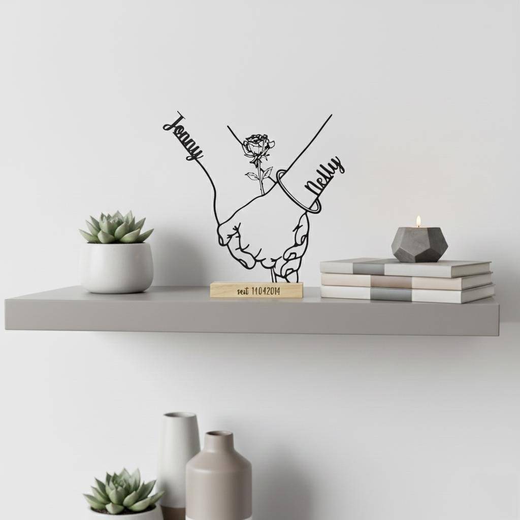 Personalisierter Aufsteller Hände & Rose | Line Art 3D-Druck mit Namen | Geschenk Hochzeit & Jahrestag Bild 3