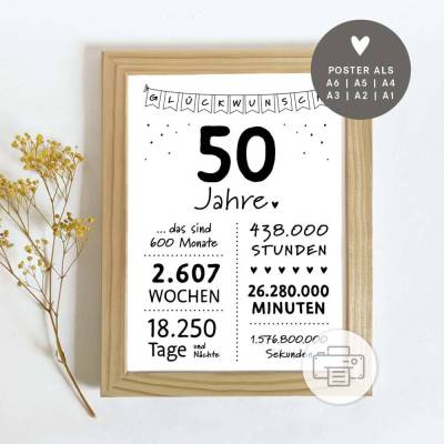 50 Geburtstag Poster | Geburtstag | Download | Jahre Monate Wochen Tage Stunden Minuten Sekunden | zum Ausdrucken