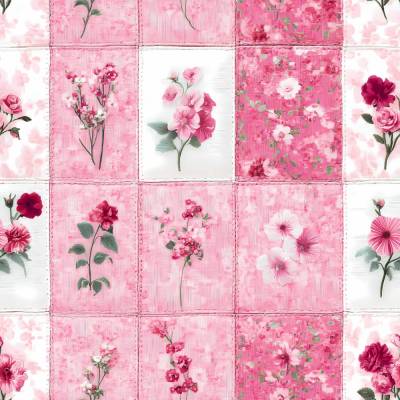 Baumwollstoff mit rosa Blumen – florales Patchwork-Muster in Pink und Weiß