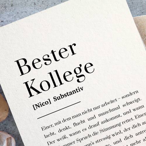 Postkarte für den Kollegen aus Baumwollpapier, Definition Kollege mit Name, Teamgeschenk zu Abschied, Geburtstag, Rente