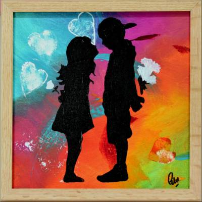 Mädchen und Junge – Liebevolles Acrylgemälde mit Herzen | gerahmt 32,5 x 32,5 cm