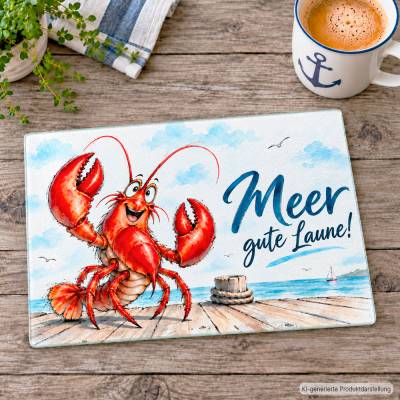 Maritimes Glasschneidebrett 'Meer gute Laune!' mit Hummer - 28,5 × 20 cm