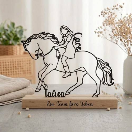 Personalisierter Aufsteller Pferd mit Reiterin | Line Art 3D-Druck mit Namen | Geschenk für Reiter & Pferdefreunde