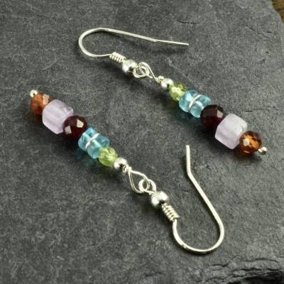 Bunte Hängeohrringe,  Edelsteinohrringe, mit Amethyst, Granat, Apatit,  Peridot 925er Silber, 4,5 cm lang Geschenk Boho 