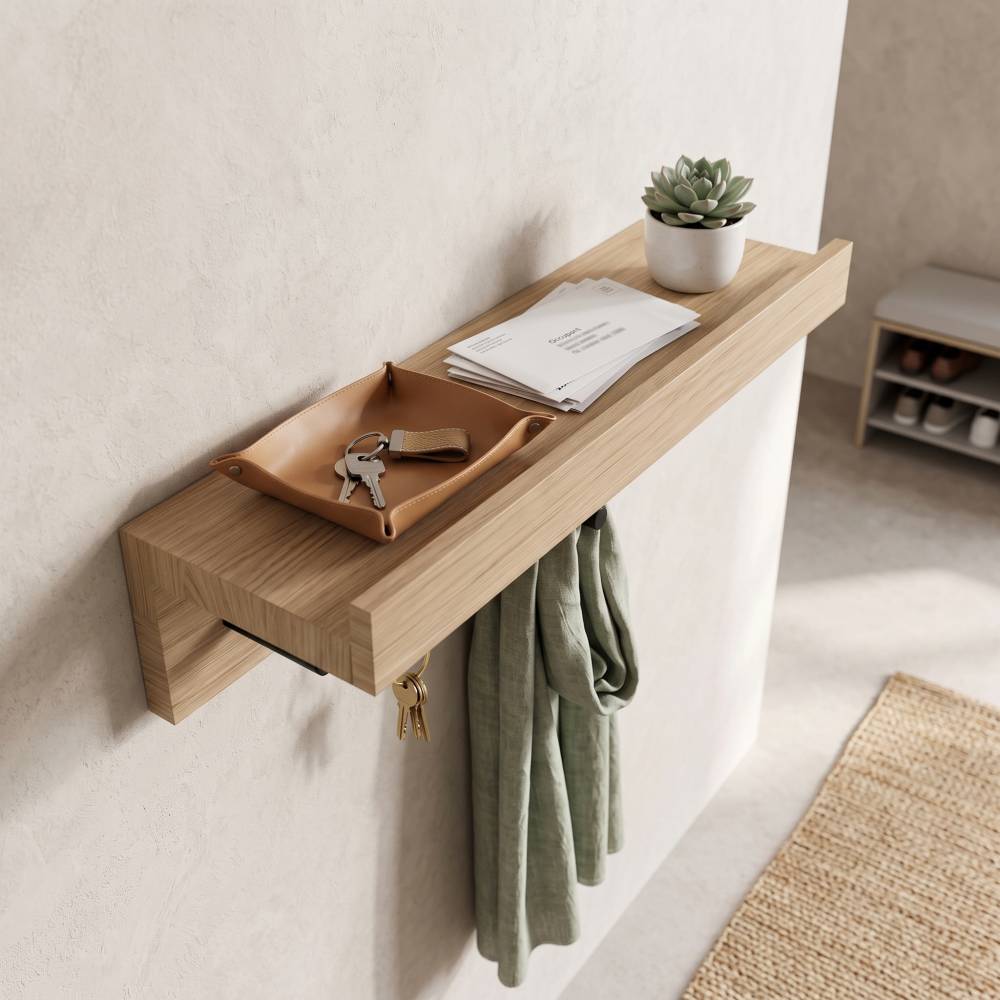 Schlüsselbrett Eiche Ablage, Garderobenleiste mit 6 schwarzen Haken, Wandgarderobe Holz Flur Organizer, Geschenk Einzug