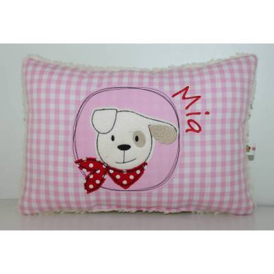 Hunde Kissen mit Namen. Personalisierbares Namenskissen Hund mit Halstuch. Geschenk Baby Taufe Geburtstag
