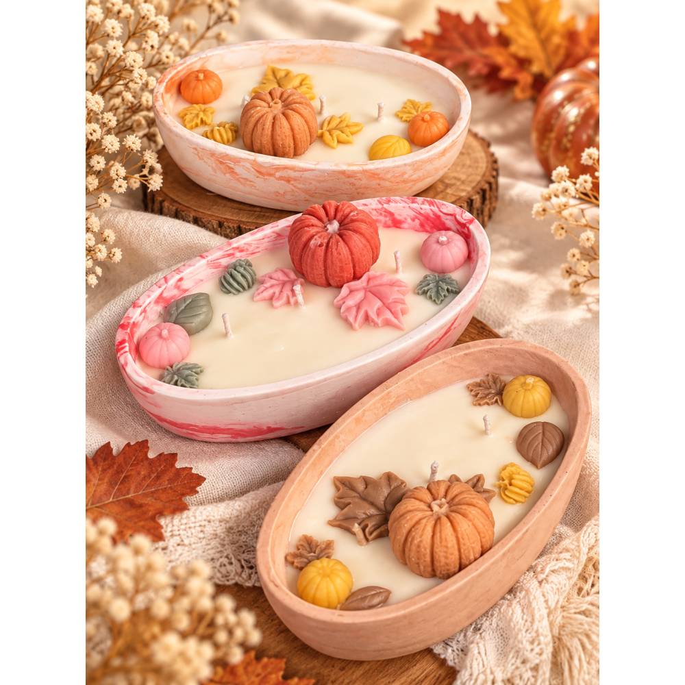 Herbst Duftkerze im Gipsgefäß – Kürbis & Blätter | handgegossene Kerze