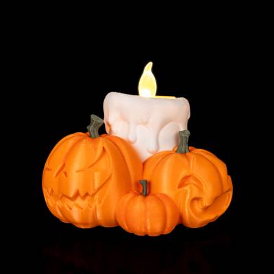 Halloween Kürbis Teelichthalter mit Totenkopf – Gruselige LED Kerzen Deko – Halloween Tischdeko – Herbstdeko – 3D Druck