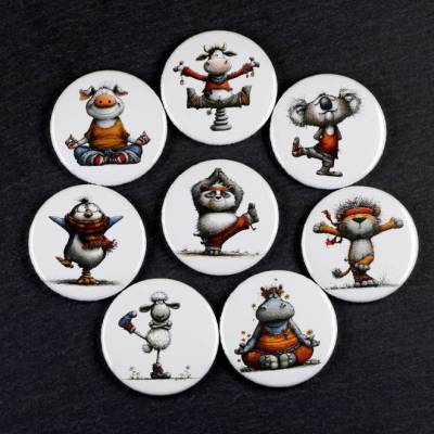 Yoga-Tiere (1/2) u.a. als Buttons, Kühlschrankmagnete, Glasmarkierer, Taschenspiegel, Flaschenöffner und Klammer