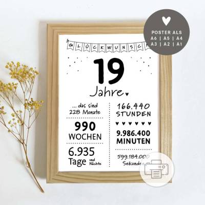 19 Geburtstag Poster | Geburtstag | Download | Jahre Monate Wochen Tage Stunden Minuten Sekunden | zum Ausdrucken