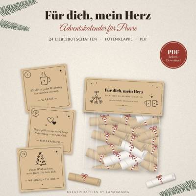 Adventskalender für Paare zum Ausdrucken – 24 Liebesbotschaften & Komplimente + Tütenklappe | PDF