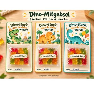 Mitgebsel Kindergeburtstag Dinosaurier PDF – 3 Motive zum Ausdrucken | Karten für Gummibärchen & kleine Schokolade