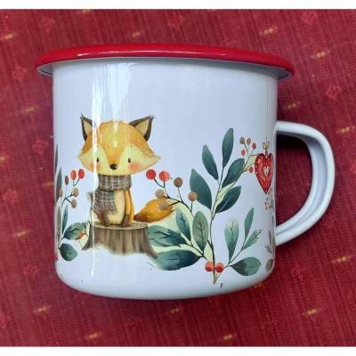 Emailletasse mit Fuchs und Eule