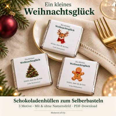 Schokoladenhüllen Weihnachten zum Ausdrucken – 3 Motive mit & ohne Namensfeld | Gastgeschenk PDF DIN A4
