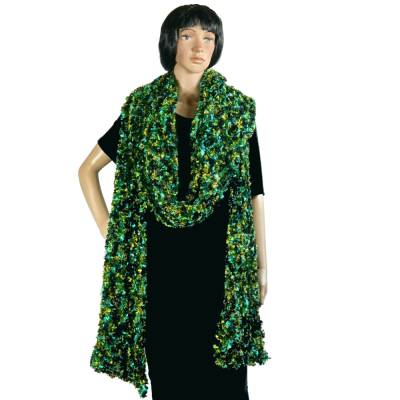 Stola Schal Regenwald XXL handgestrickt – Exklusives Unikat aus Flausch-Effektgarn, petrol, grün & schwarz