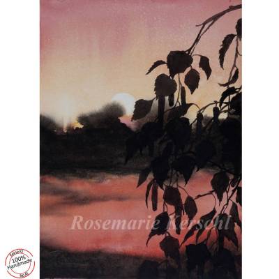 Aquarellbild Abendstimmung handgemalt 24 cm x 30 cm Hochformat Unikat Birkenzweige