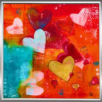 Herzen Gemälde bunt – modernes Acrylbild Liebe | 63 x 63 cm gerahmt