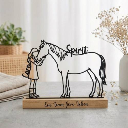 Personalisiertes Pferd Line Art 3D Druck mit Namen Reiterin Geschenkidee Pferdebesitzer Deko Holzsockel Geschenk Reiterh