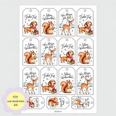 Weihnachtsanhänger mit Tiermotiven – Dackel, Eichhörnchen & Reh – PDF zum Ausdrucken