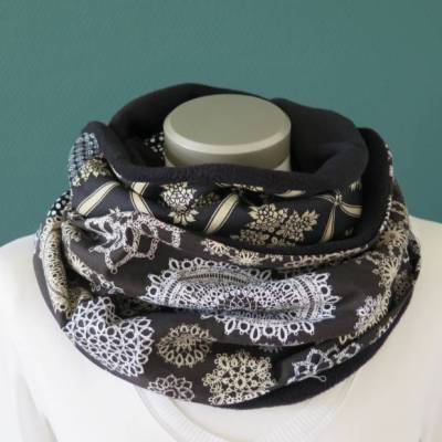 Schal warmer Fleece Loop Einzelstück Patchwork Loopschal Schlauchschal Kuschelschal zum Wenden schwarz