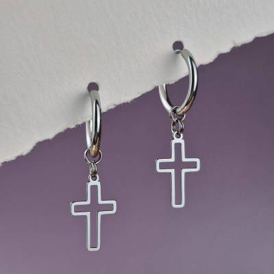 Creolen mit Anhänger aus Edelstahl, Kreuz Ohrringe silber, minimalistischer Unisex Schmuck