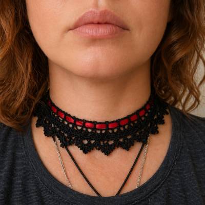 Schwarzer Häkelchoker aus Baumwolle – handgemachte Spitzen Halskette – Gothic Boho Schmuck