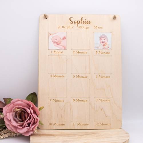 Baby-Fotorahmen aus Holz – 32 × 23 cm – Lebensjahr wählbar, mit Name