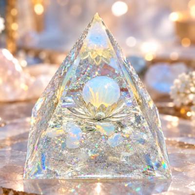 Opal-Pyramide 5 cm mit Opal-Kugel & Blume des Lebens | handgegossene Resin-Deko