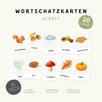 Herbst Wortschatzkarten für Kinder | 20 Lernkarten | Herbst & Natur | Autumn Flashcards | Kindergarten & Vorschule 