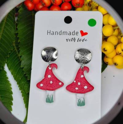 Ohrringe Pilz silberfarben Ohrhänger unisex rot weiß Polymer Clay