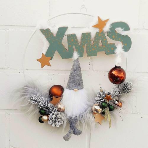Adventskranz Türkranz XMAS mit Wichtel auf Metallring Weiß