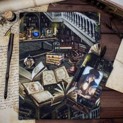 Buchtasche Dark Academia – Geheimnisvolle Bibliothek | gepolsterte Buchhülle aus Stoff | wahlweise mit Lesezeichen