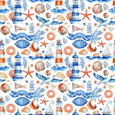 Baumwollstoff mit Leuchttürmen, Muscheln und Möwen – maritime Webware in Blau und Orange