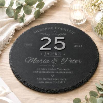 Silberne Hochzeit Geschenk personalisiert | 25. Hochzeitstag | Schieferplatte mit silberner Acrylzahl 25 | Geschenk