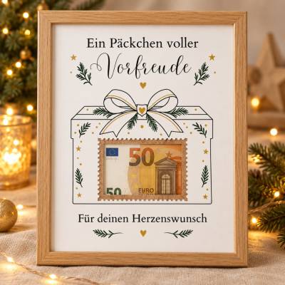 Geldgeschenk Weihnachten zum Ausdrucken – Päckchen als A4 PDF für den Bilderrahmen