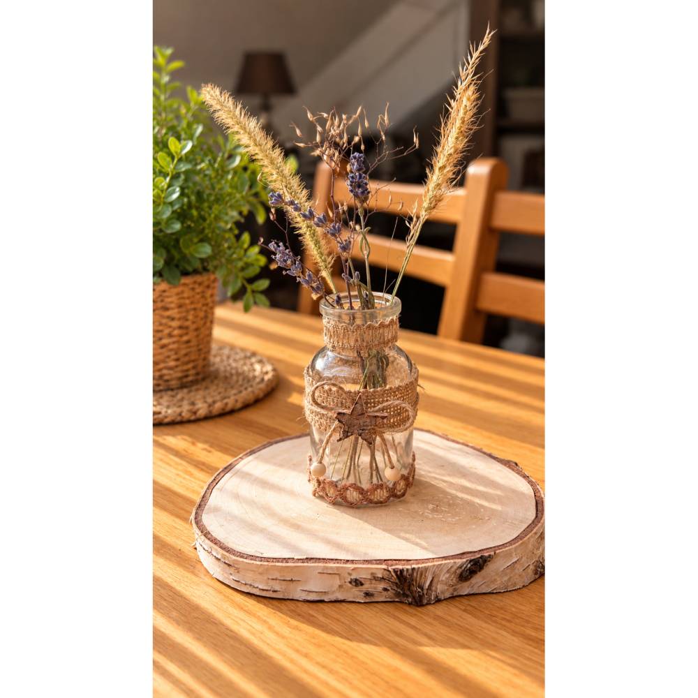 Handgefertigte Glasvase im Boho-Stil | Kleine Vase mit Holzstern | Naturdeko | Tischdeko